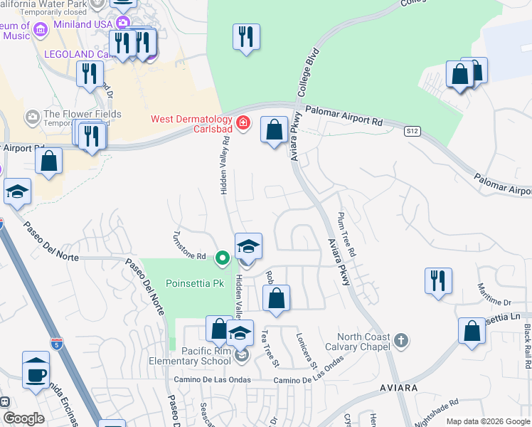 map of restaurants, bars, coffee shops, grocery stores, and more near 6407 Calmeria Place in Carlsbad