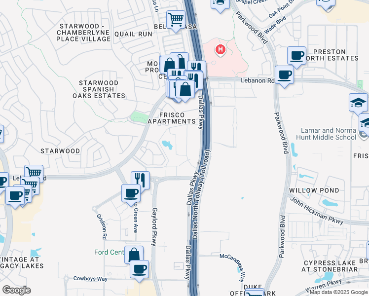 map of restaurants, bars, coffee shops, grocery stores, and more near 4848 Grand Gate Way in Frisco