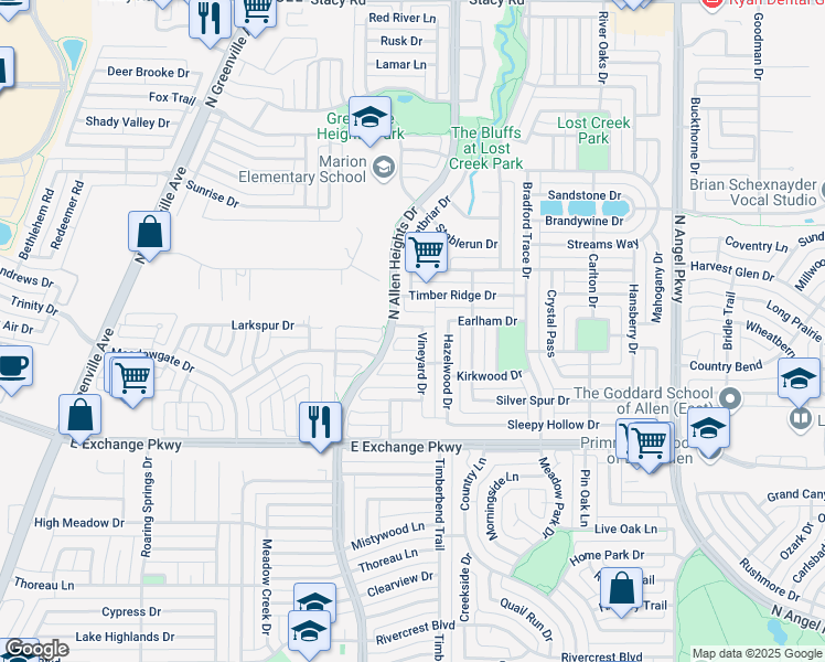 map of restaurants, bars, coffee shops, grocery stores, and more near 1318 Chardonnay Drive in Allen