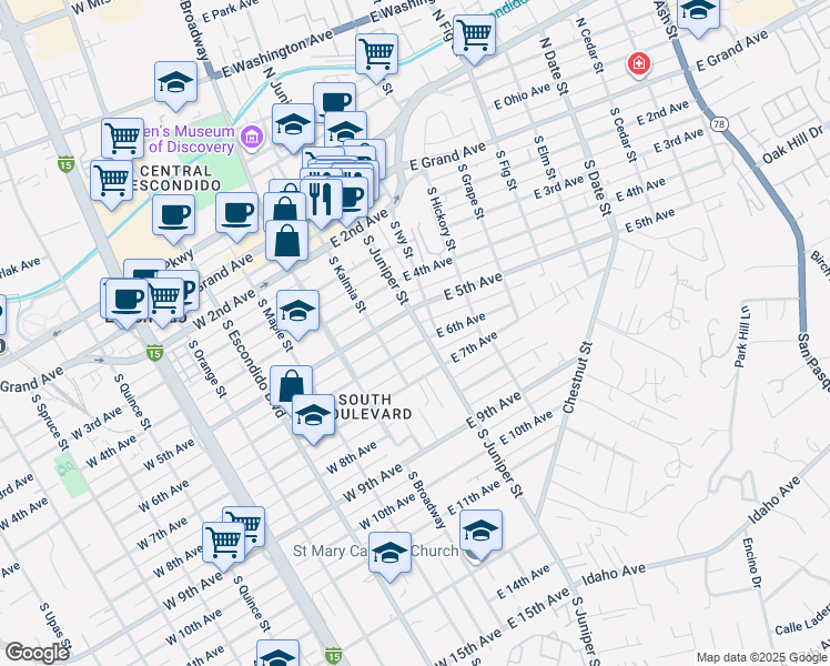 map of restaurants, bars, coffee shops, grocery stores, and more near 228 East 6th Avenue in Escondido