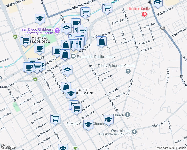 map of restaurants, bars, coffee shops, grocery stores, and more near 228 East 6th Avenue in Escondido