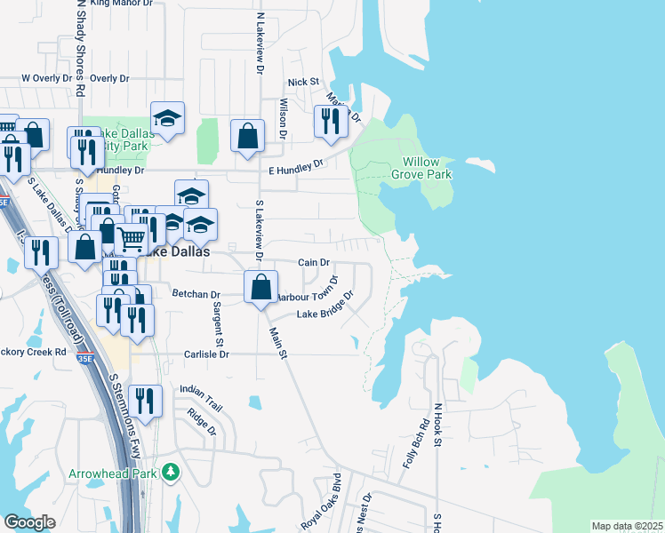 map of restaurants, bars, coffee shops, grocery stores, and more near 405 Lakeway Drive in Lake Dallas