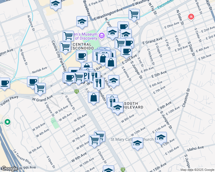 map of restaurants, bars, coffee shops, grocery stores, and more near 309 South Maple Street in Escondido
