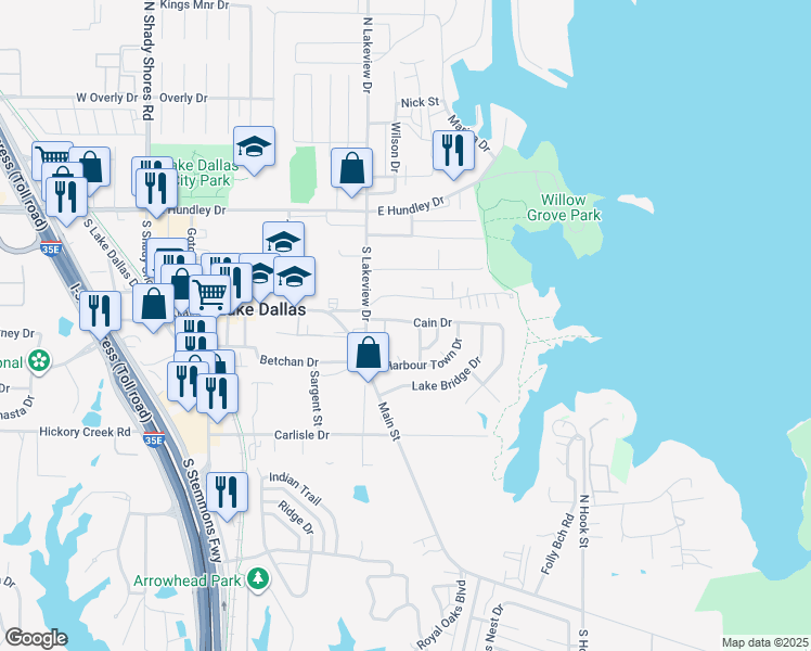 map of restaurants, bars, coffee shops, grocery stores, and more near 612 Cain Street in Lake Dallas
