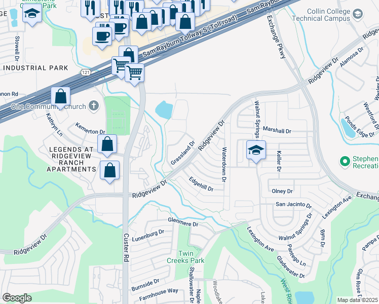 map of restaurants, bars, coffee shops, grocery stores, and more near 2029 Grassland Drive in Allen