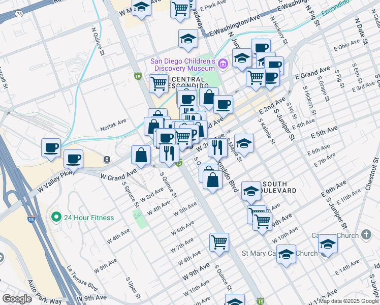 map of restaurants, bars, coffee shops, grocery stores, and more near 420 West 2nd Avenue in Escondido