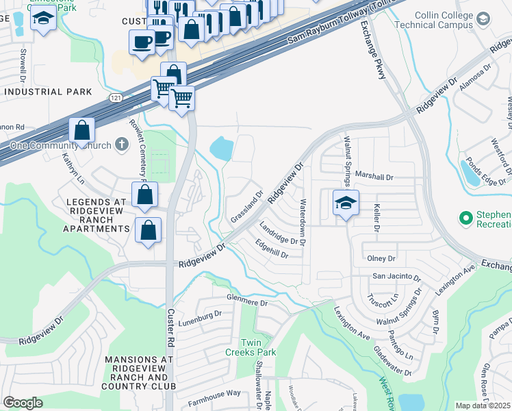 map of restaurants, bars, coffee shops, grocery stores, and more near 2029 Grassland Drive in Allen