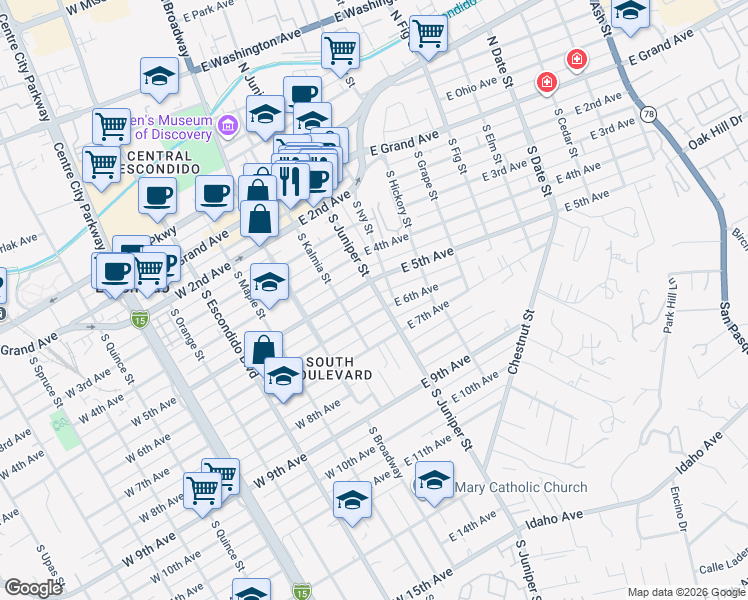 map of restaurants, bars, coffee shops, grocery stores, and more near 228 East 6th Avenue in Escondido