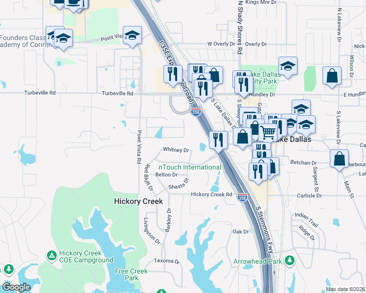 map of restaurants, bars, coffee shops, grocery stores, and more near 122 Whitney Dr in Lake Dallas