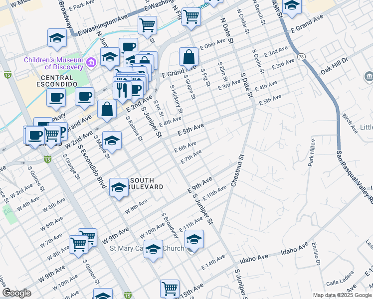 map of restaurants, bars, coffee shops, grocery stores, and more near 447 East 6th Avenue in Escondido
