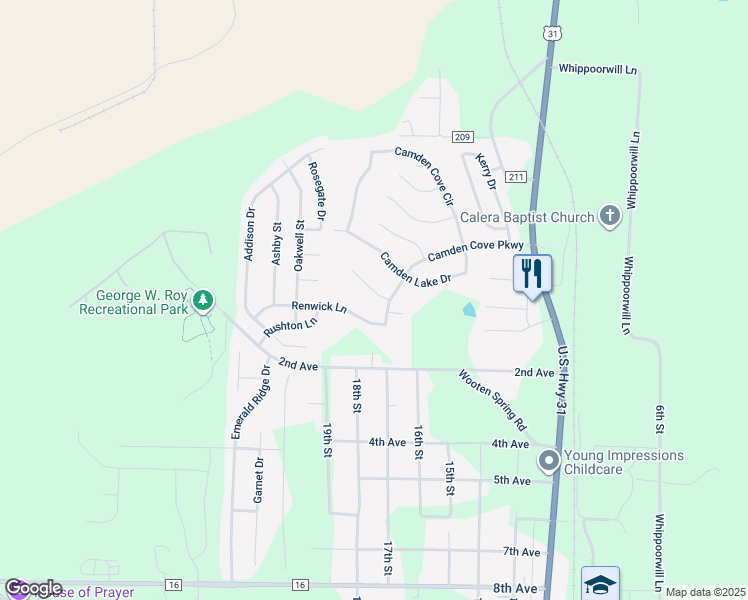 map of restaurants, bars, coffee shops, grocery stores, and more near 105 Hermitage Lane in Calera