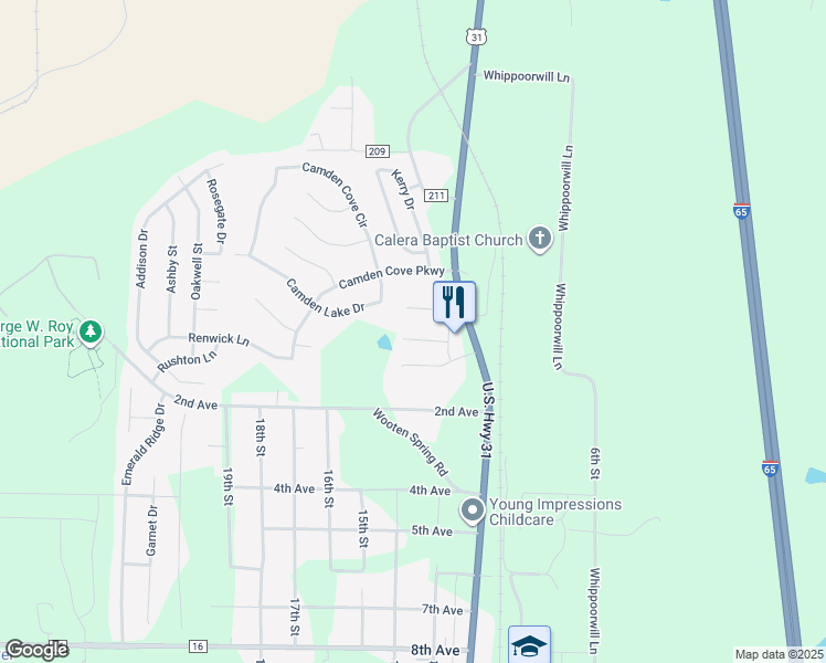 map of restaurants, bars, coffee shops, grocery stores, and more near 324 Maggie Way in Calera