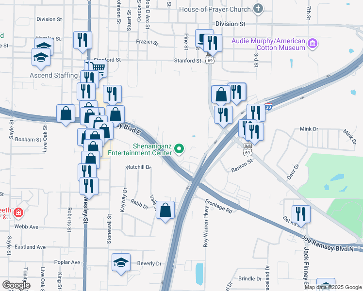 map of restaurants, bars, coffee shops, grocery stores, and more near 1910 Joe Ramsey Boulevard East in Greenville