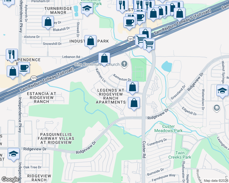 map of restaurants, bars, coffee shops, grocery stores, and more near 2300 Kathryn Lane in Plano