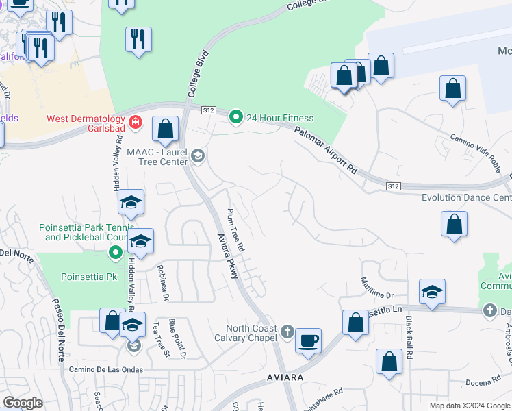 map of restaurants, bars, coffee shops, grocery stores, and more near 6450 Willow Place in Carlsbad