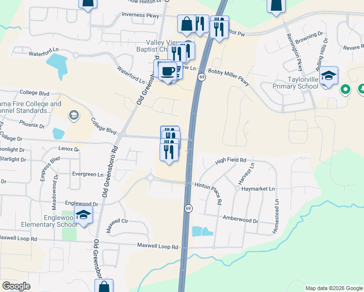 map of restaurants, bars, coffee shops, grocery stores, and more near 9710 Alabama Highway 69 South in Tuscaloosa