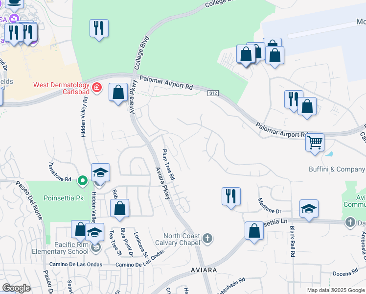 map of restaurants, bars, coffee shops, grocery stores, and more near 6450 Willow Place in Carlsbad