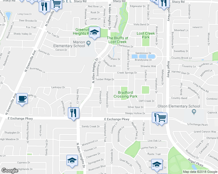map of restaurants, bars, coffee shops, grocery stores, and more near 1418 Hazelwood Drive in Allen