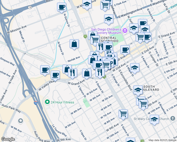 map of restaurants, bars, coffee shops, grocery stores, and more near 56 North Quince Street in Escondido