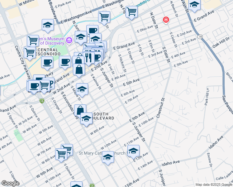 map of restaurants, bars, coffee shops, grocery stores, and more near 228 East 6th Avenue in Escondido