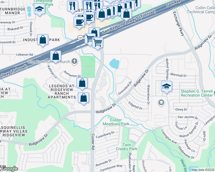 map of restaurants, bars, coffee shops, grocery stores, and more near 1300 North Custer Road in Allen