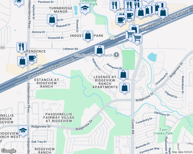 map of restaurants, bars, coffee shops, grocery stores, and more near 2300 Kathryn Lane in Plano