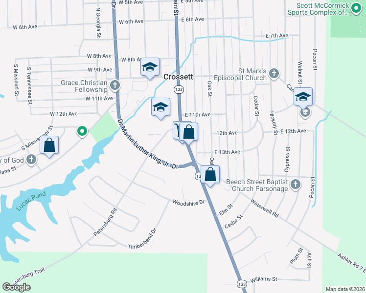 map of restaurants, bars, coffee shops, grocery stores, and more near 1308 Main Street in Crossett