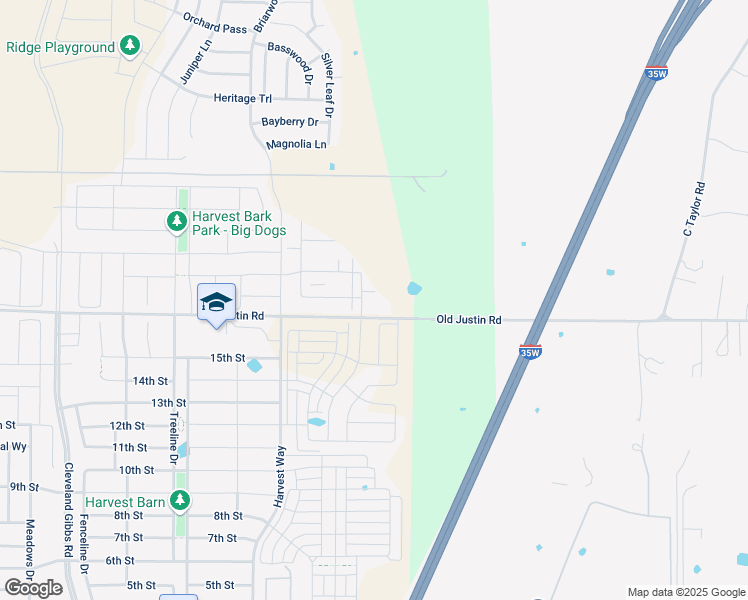 map of restaurants, bars, coffee shops, grocery stores, and more near Old Justin Road in Argyle