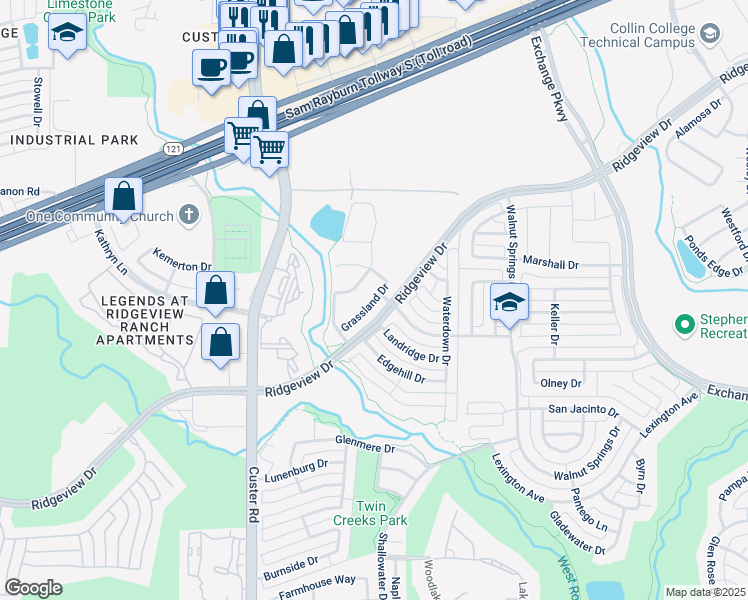 map of restaurants, bars, coffee shops, grocery stores, and more near 2028 Grassland Drive in Allen