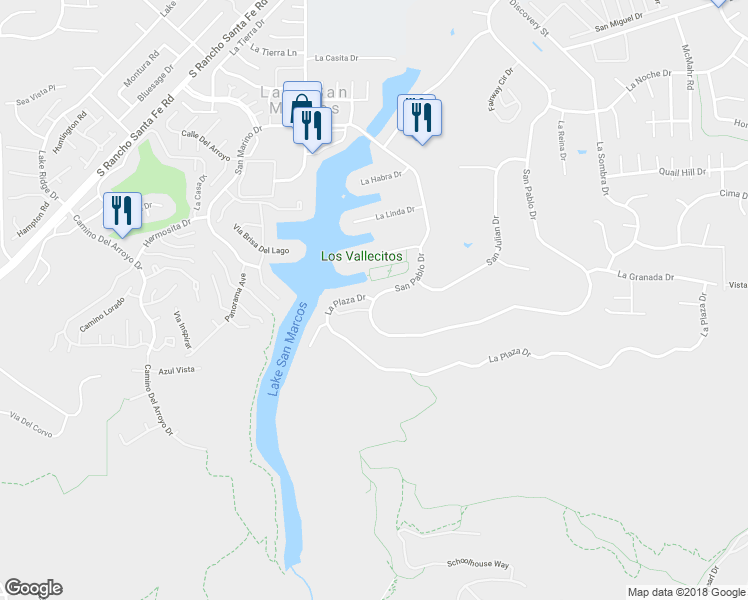 map of restaurants, bars, coffee shops, grocery stores, and more near San Pablo Drive & La Plaza Drive in San Marcos