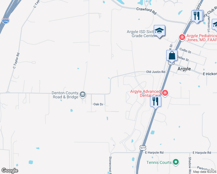 map of restaurants, bars, coffee shops, grocery stores, and more near 360 Old Justin Road in Argyle