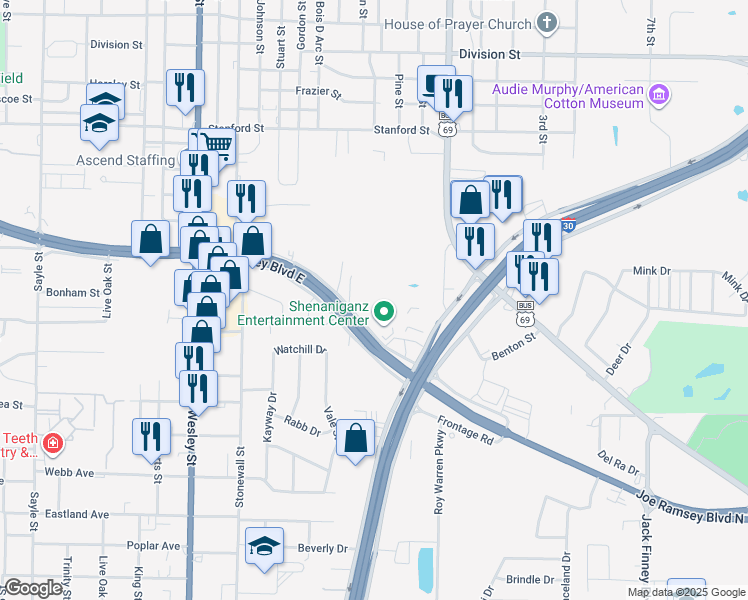 map of restaurants, bars, coffee shops, grocery stores, and more near 1910 Joe Ramsey Boulevard East in Greenville