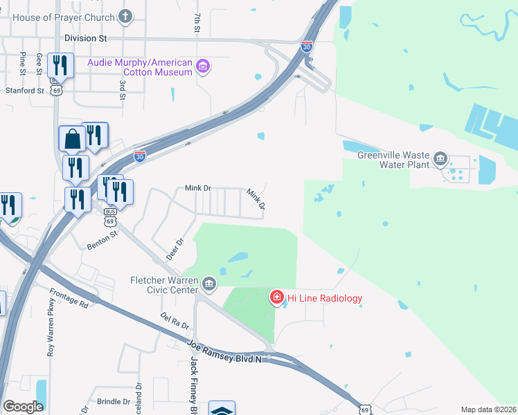 map of restaurants, bars, coffee shops, grocery stores, and more near 402 Mink Drive in Greenville
