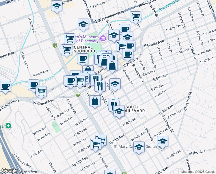 map of restaurants, bars, coffee shops, grocery stores, and more near 60 South Maple Street in Escondido