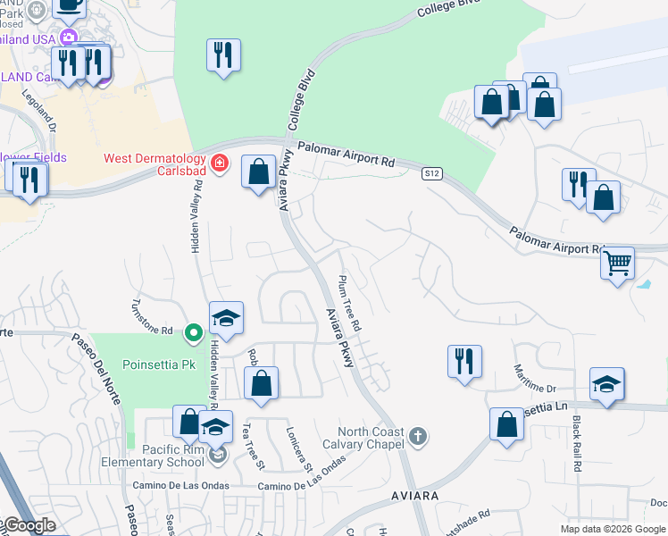 map of restaurants, bars, coffee shops, grocery stores, and more near 6408 Halyard Place in Carlsbad
