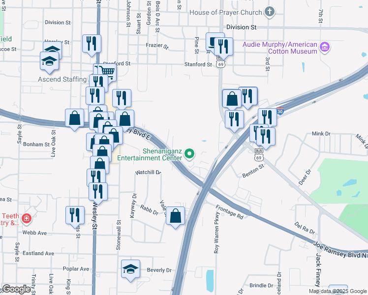 map of restaurants, bars, coffee shops, grocery stores, and more near 1910 Joe Ramsey Boulevard East in Greenville
