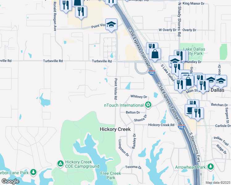 map of restaurants, bars, coffee shops, grocery stores, and more near 1155 Point Vista Road in Hickory Creek
