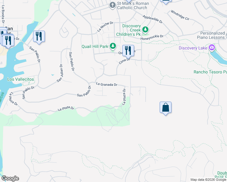 map of restaurants, bars, coffee shops, grocery stores, and more near 1310 Miracielo Court in San Marcos