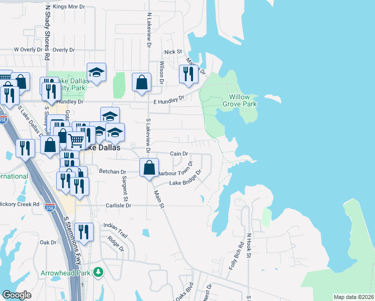 map of restaurants, bars, coffee shops, grocery stores, and more near 729 Cain Street in Lake Dallas