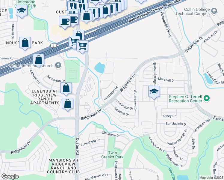 map of restaurants, bars, coffee shops, grocery stores, and more near 2028 Grassland Drive in Allen