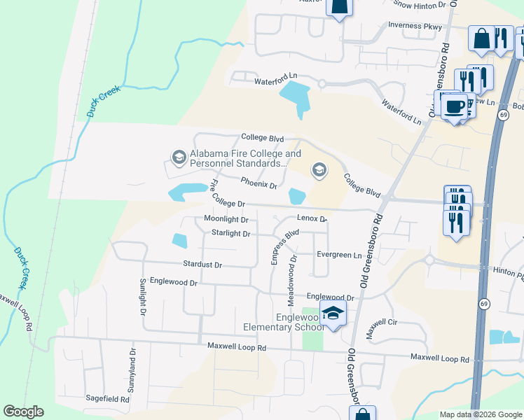 map of restaurants, bars, coffee shops, grocery stores, and more near 9701 Moonlight Drive in Tuscaloosa