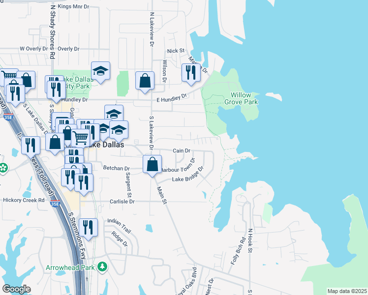 map of restaurants, bars, coffee shops, grocery stores, and more near 725 Cain Street in Lake Dallas