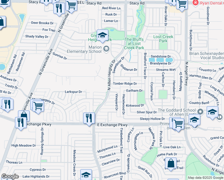 map of restaurants, bars, coffee shops, grocery stores, and more near 1318 Chardonnay Drive in Allen