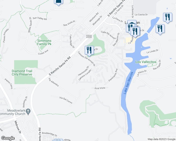 map of restaurants, bars, coffee shops, grocery stores, and more near 1345 Camino Lorado in San Marcos