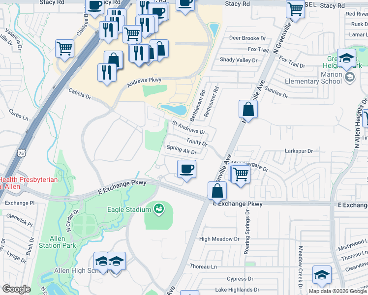 map of restaurants, bars, coffee shops, grocery stores, and more near 505 East Exchange Parkway in Allen