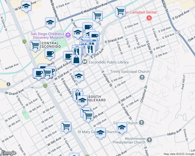 map of restaurants, bars, coffee shops, grocery stores, and more near 208 East 5th Avenue in Escondido