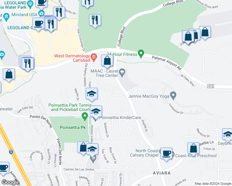 map of restaurants, bars, coffee shops, grocery stores, and more near 1278 Mariposa Road in Carlsbad