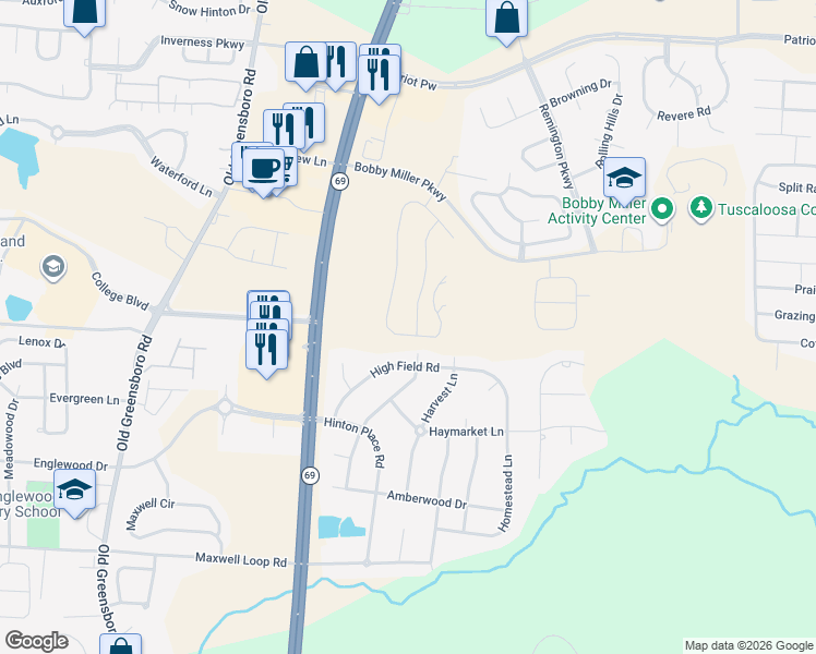 map of restaurants, bars, coffee shops, grocery stores, and more near 700 High Field Road in Tuscaloosa