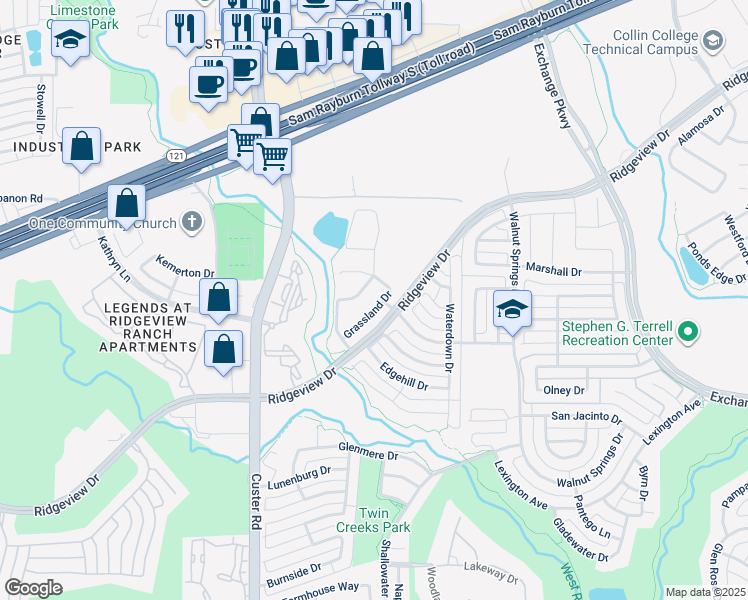 map of restaurants, bars, coffee shops, grocery stores, and more near 2026 Grassland Drive in Allen