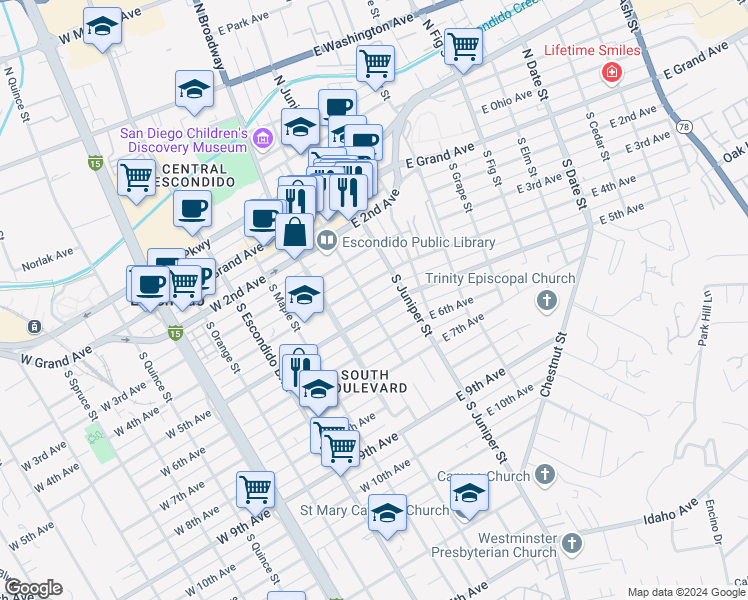 map of restaurants, bars, coffee shops, grocery stores, and more near 208 East 5th Avenue in Escondido